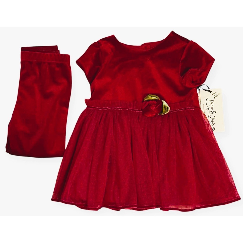 NWT Pippa & Julie 3T Red Velvet Tulle Holiday Dress & Leggings Set Girls